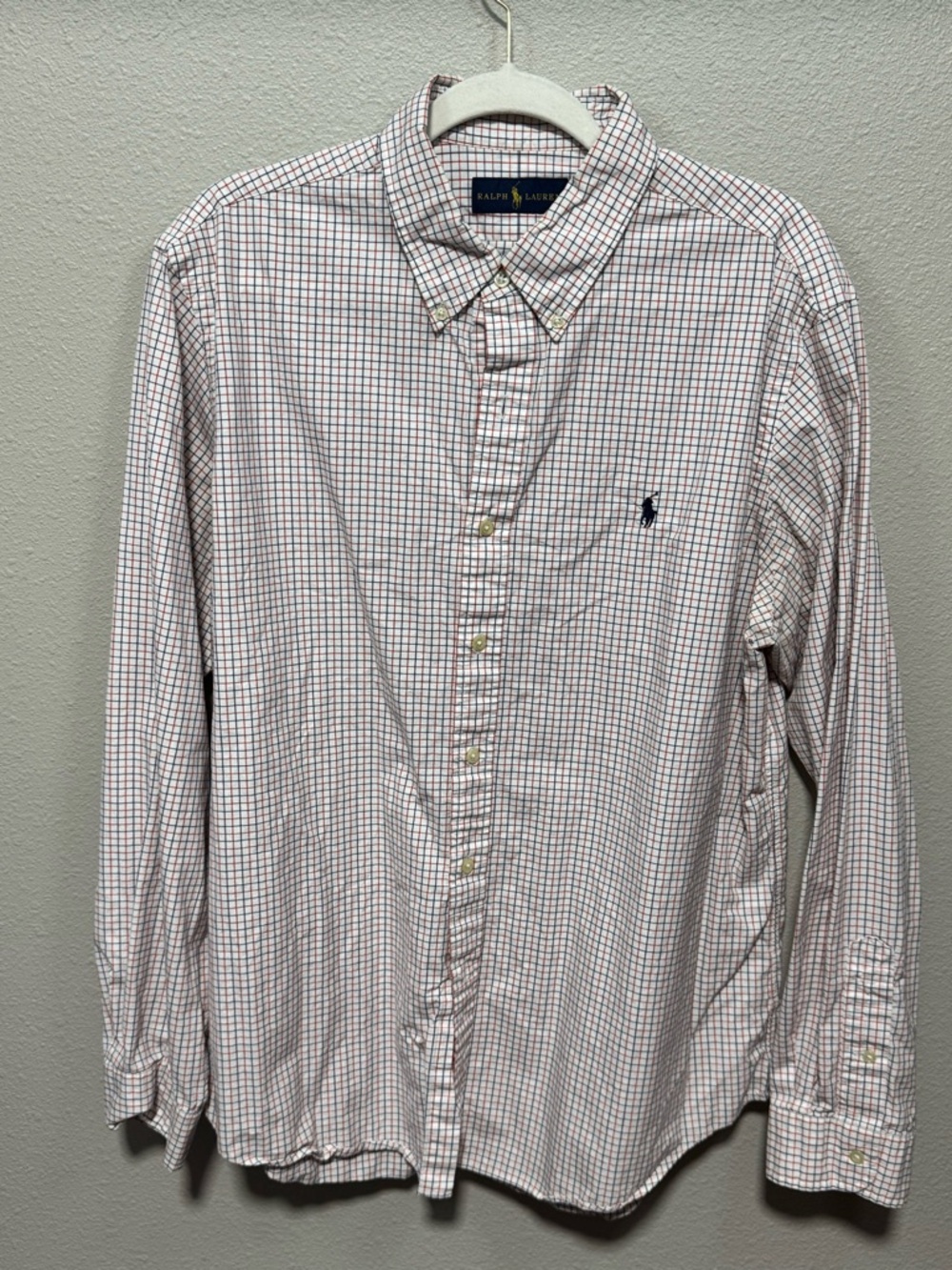 Ralph Lauren Men’s White Button-Down with Blue & Red Micro-Check